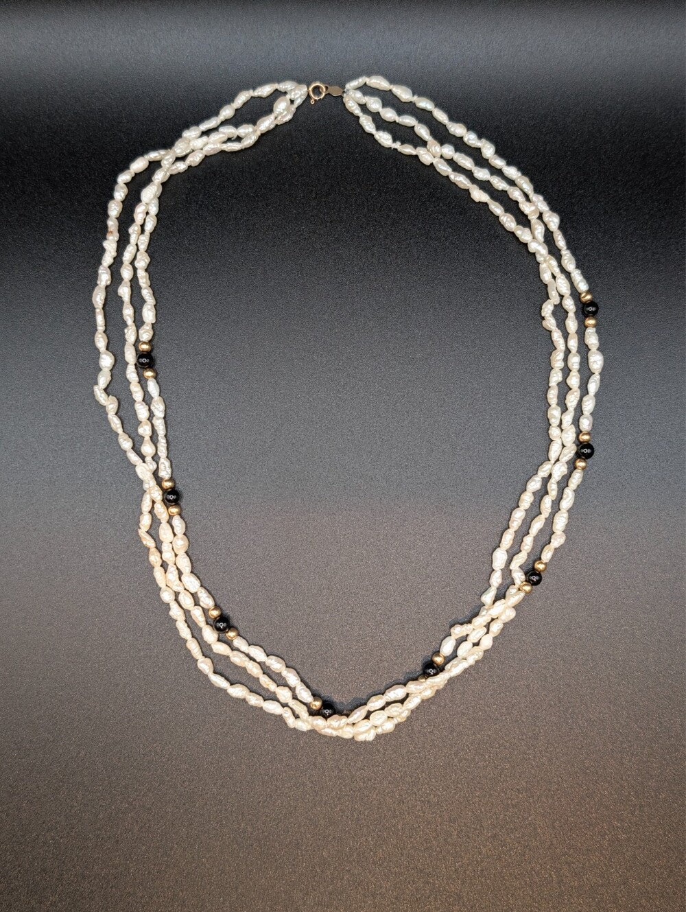 Vintage 14K Gold Multi-Strand Freshwater Rice Pearl Necklace Signed